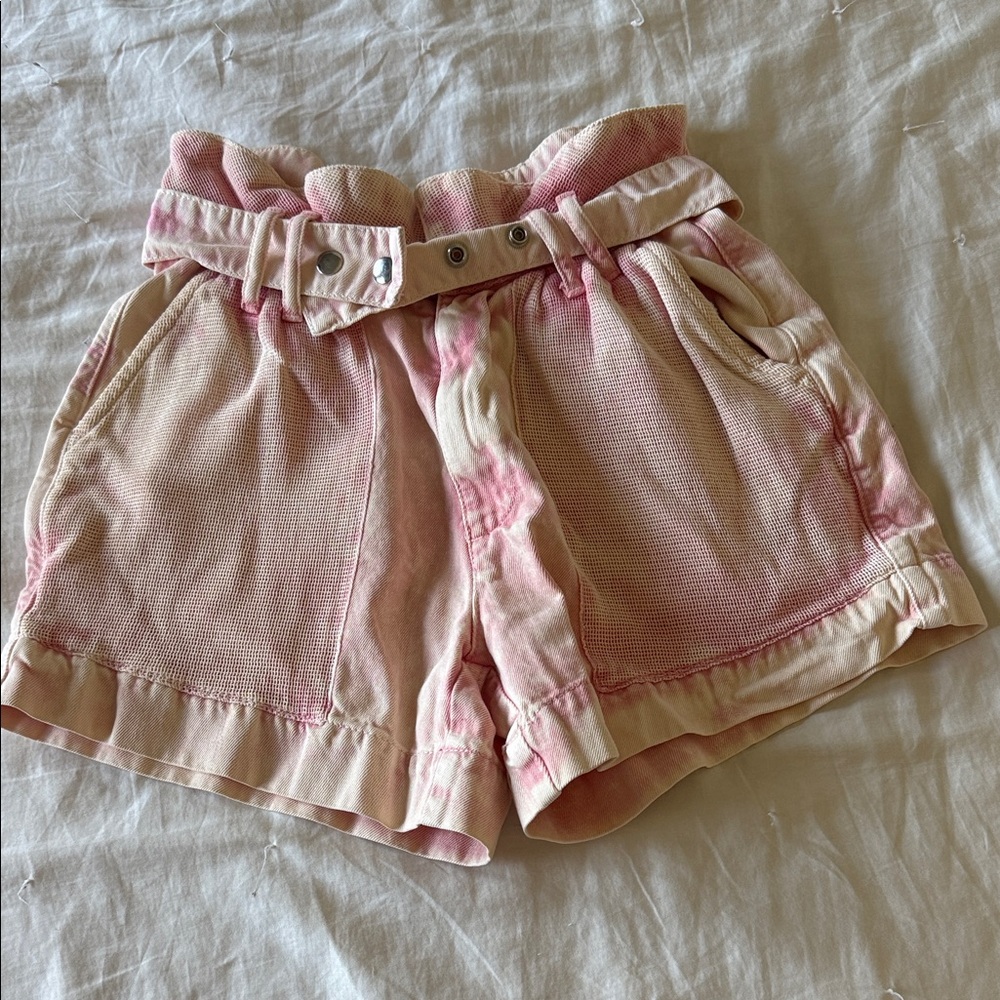 Free People Pink and Cream Paperbag Waist Tie-Dye Shorts